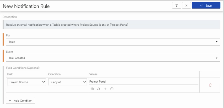 Notification rule setup for task creation in project management system.